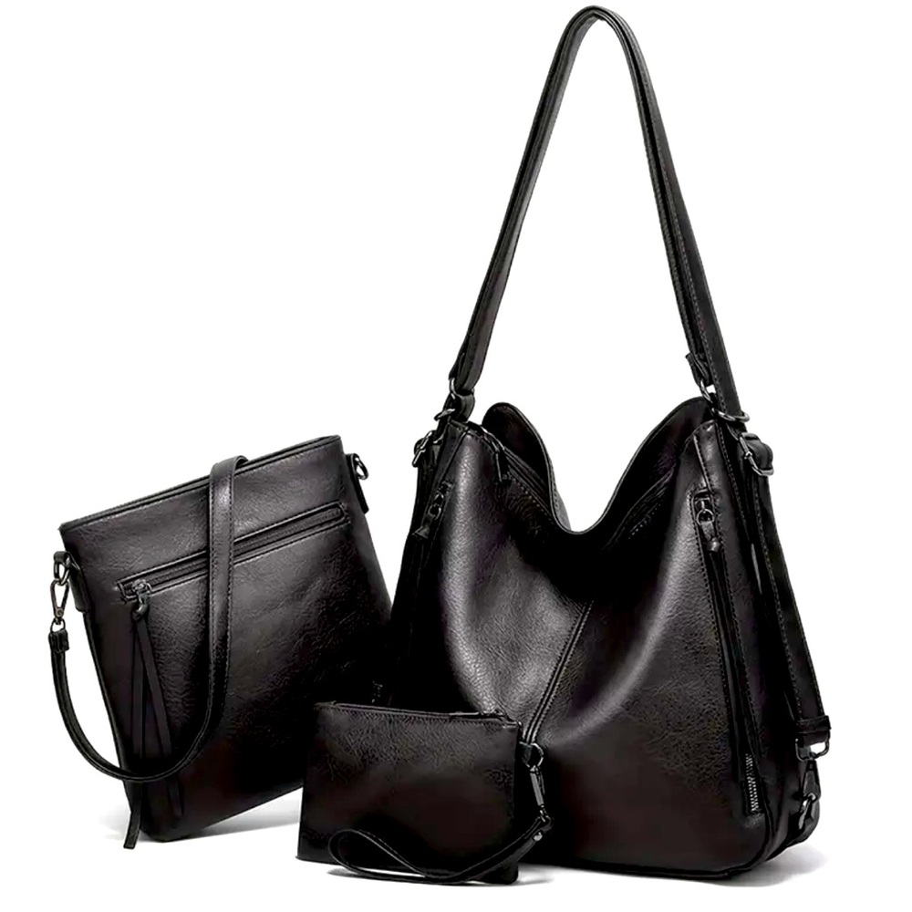 New - 3pcs -Retro Style - Multi Functional - Faux Leather - Tote Bag Set - Black